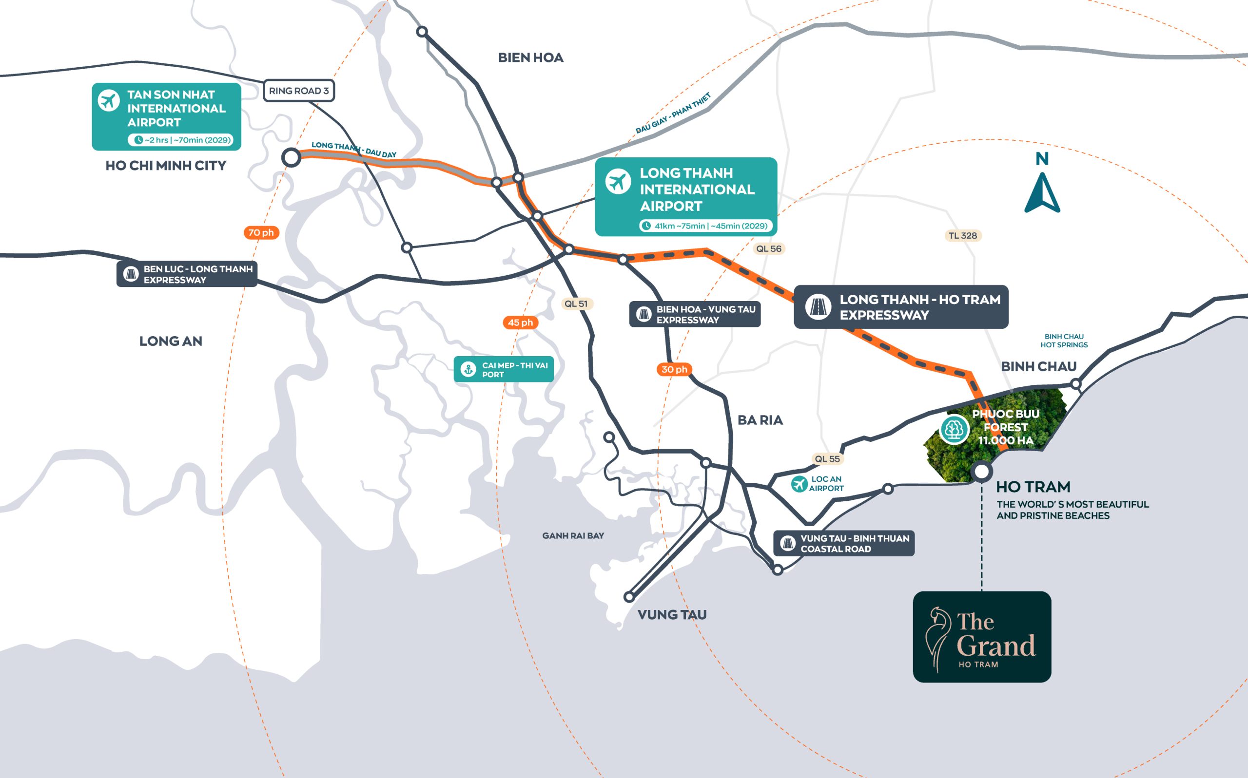 Location map connecting Ho Chi Minh City, Long Thanh International Airport, Vung Tau, Binh Chau and The Grand Ho Tram