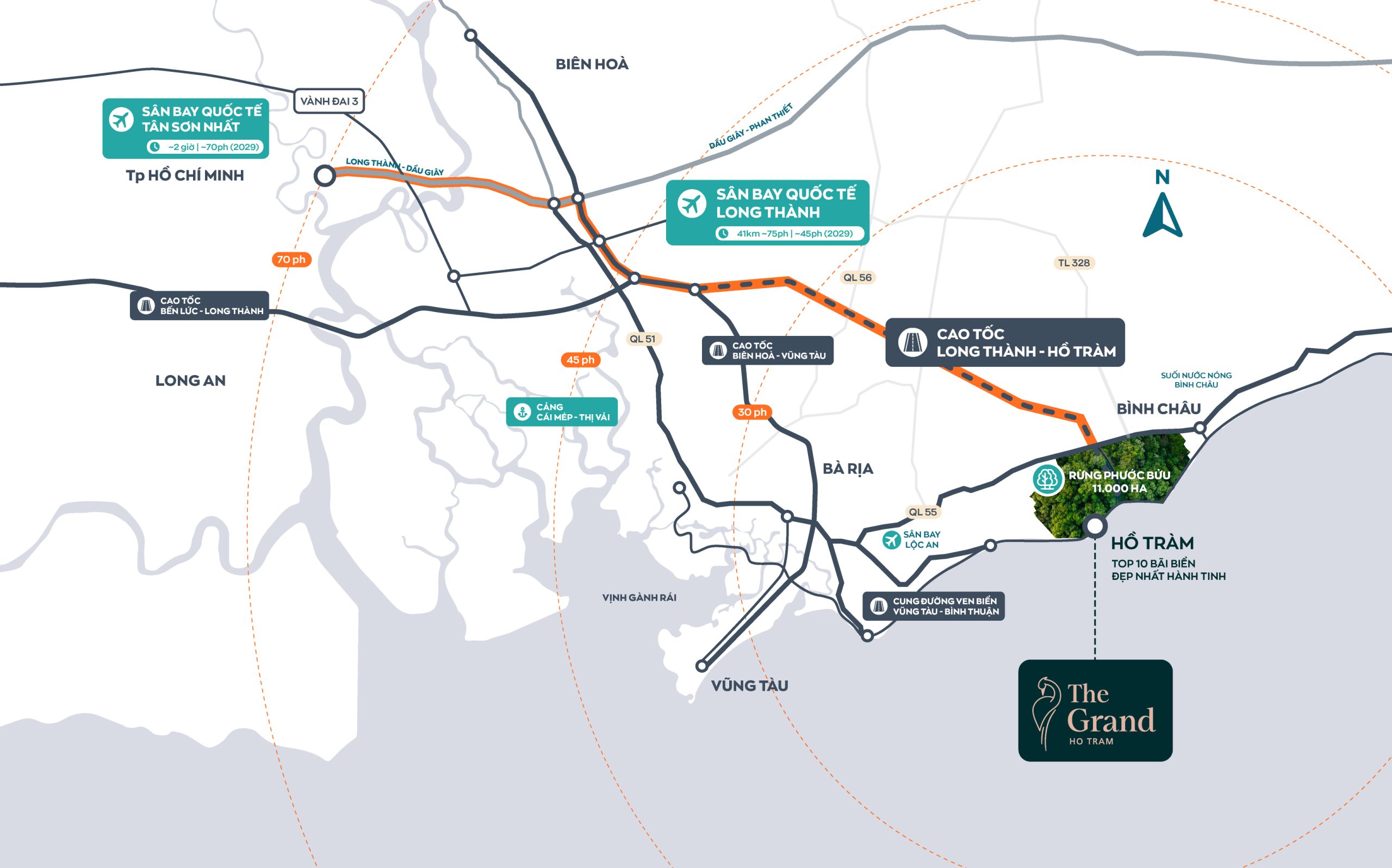 Bản đồ kết nối TP.HCM, sân bay Long Thành, Vũng Tàu, Bình Châu và The Grand Ho Tram